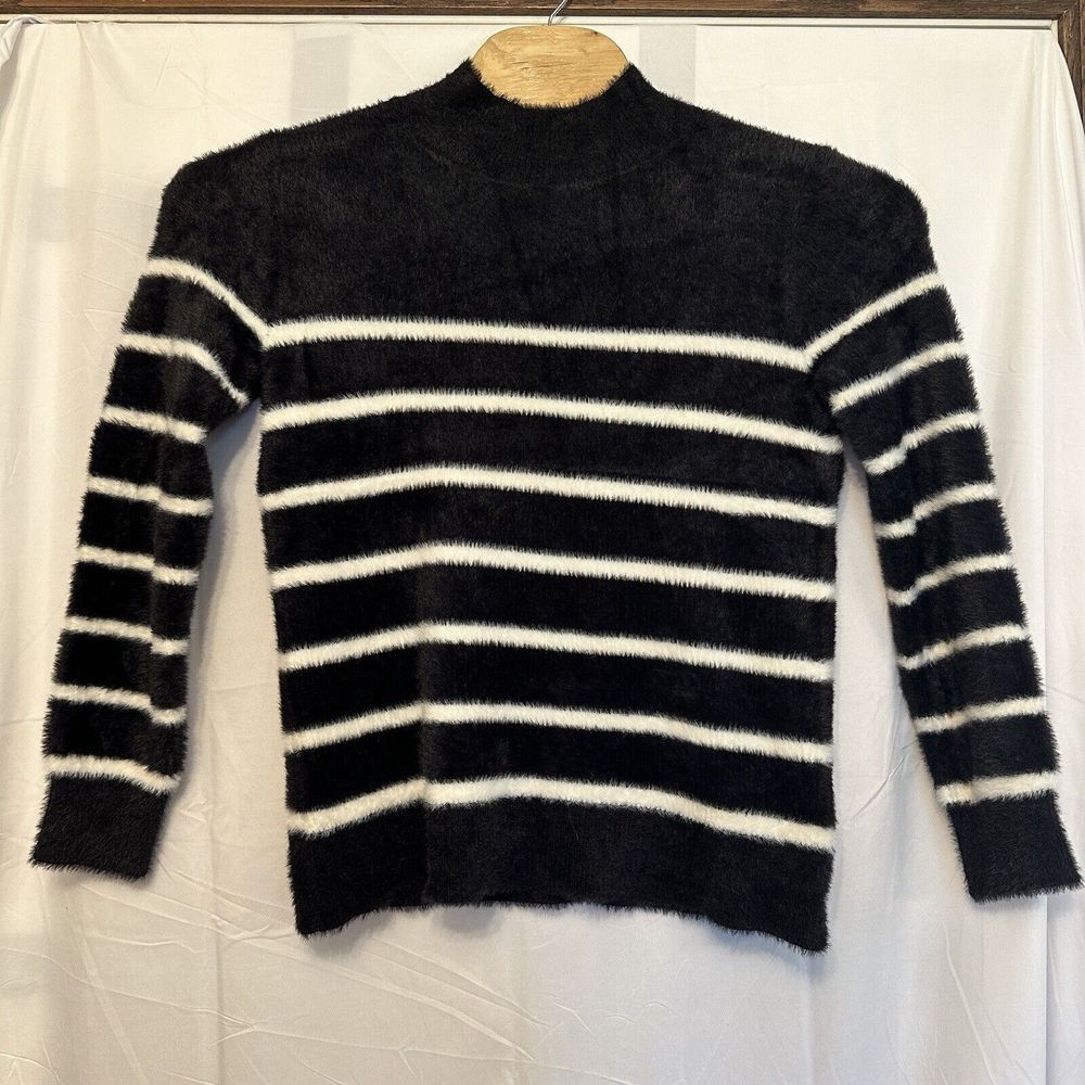 Bailey 44 Size Medium Eyelash Knit Sweater Black White Striped Mock Neck Soft